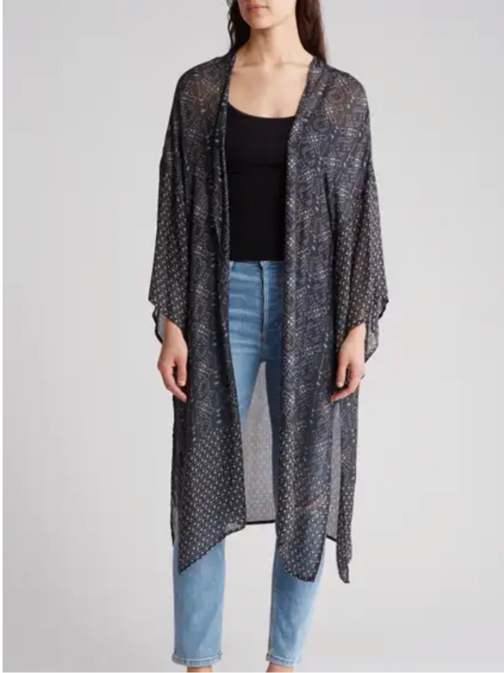 Lucky Brand Printed Duster Kimono Navy Multi One Size NWT